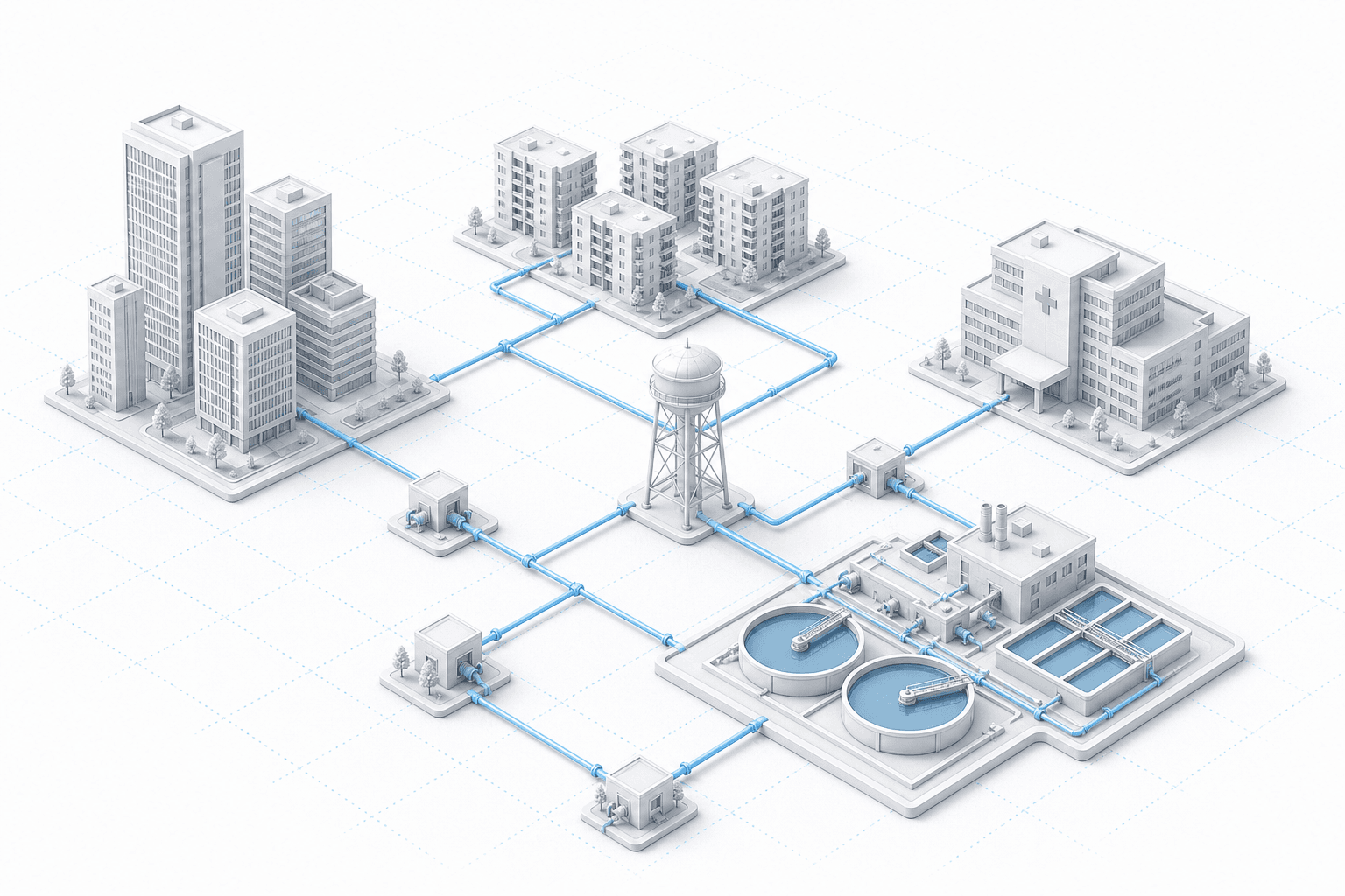 Isometric diagram of a city water distribution network protected by PulseTech arrestors