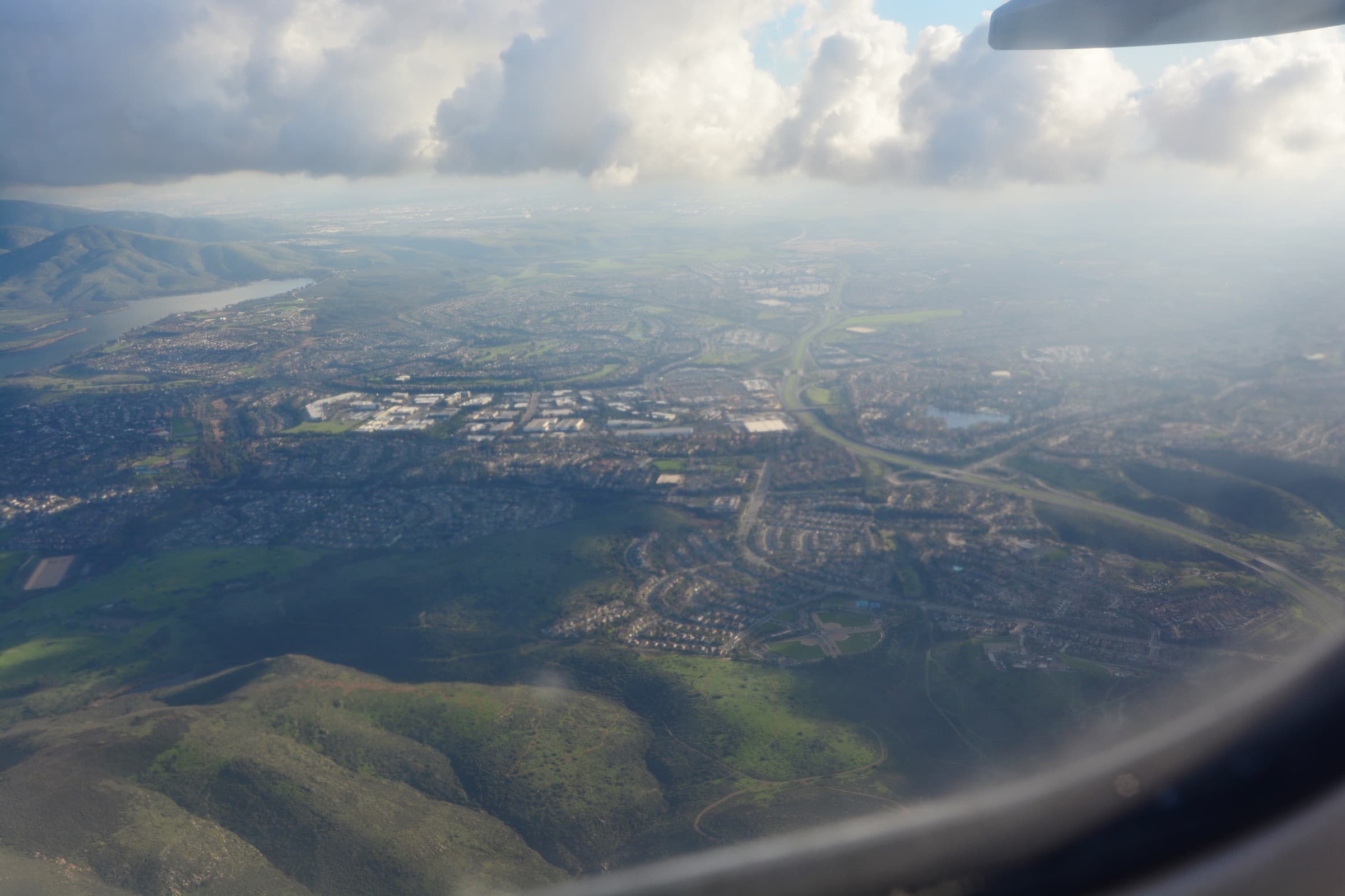 Aerial view of a reservoir supplying a nearby town