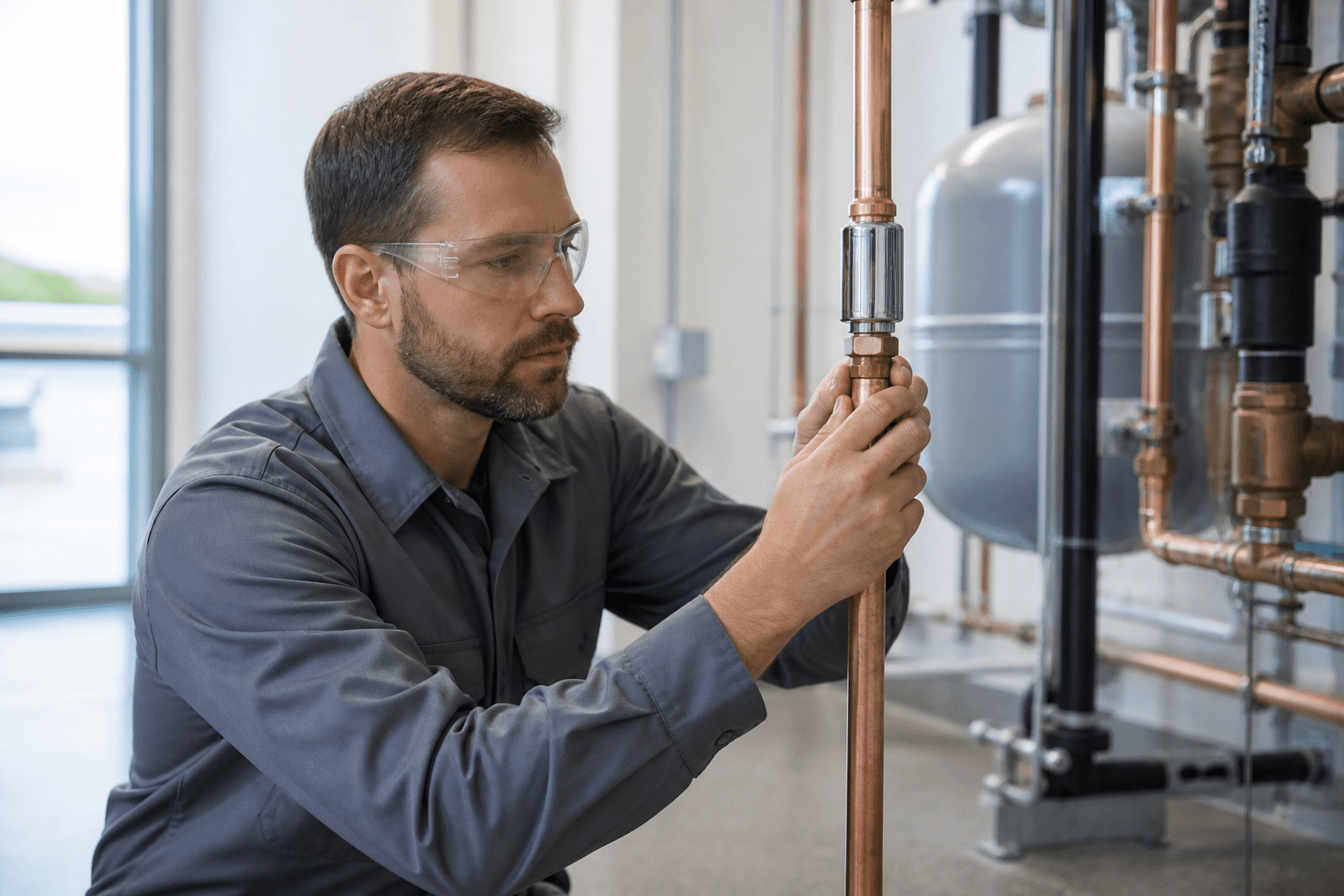 Technician installing a PulseTech arrestor on a copper riser