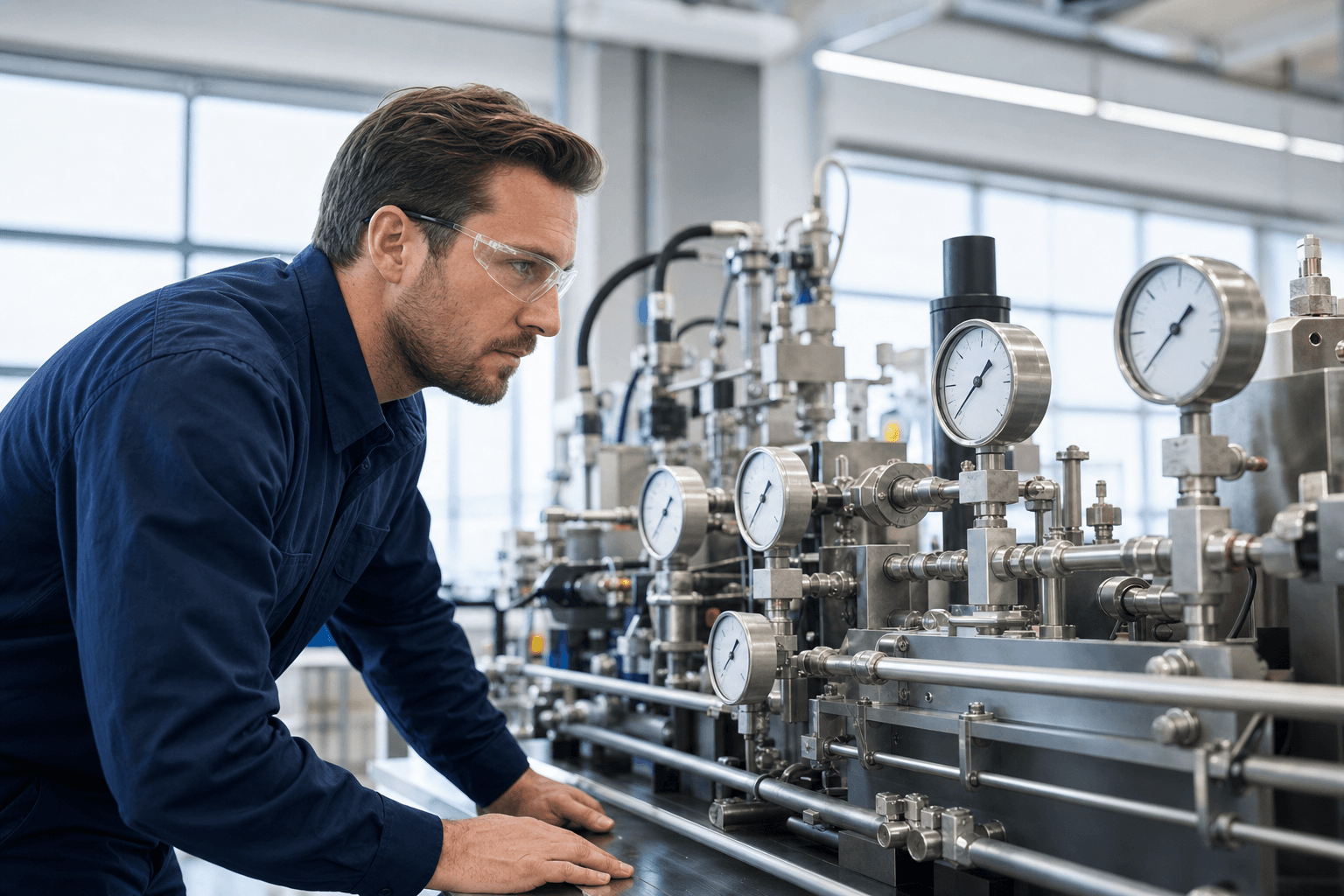 Engineer reading gauges on a hydraulic test bench