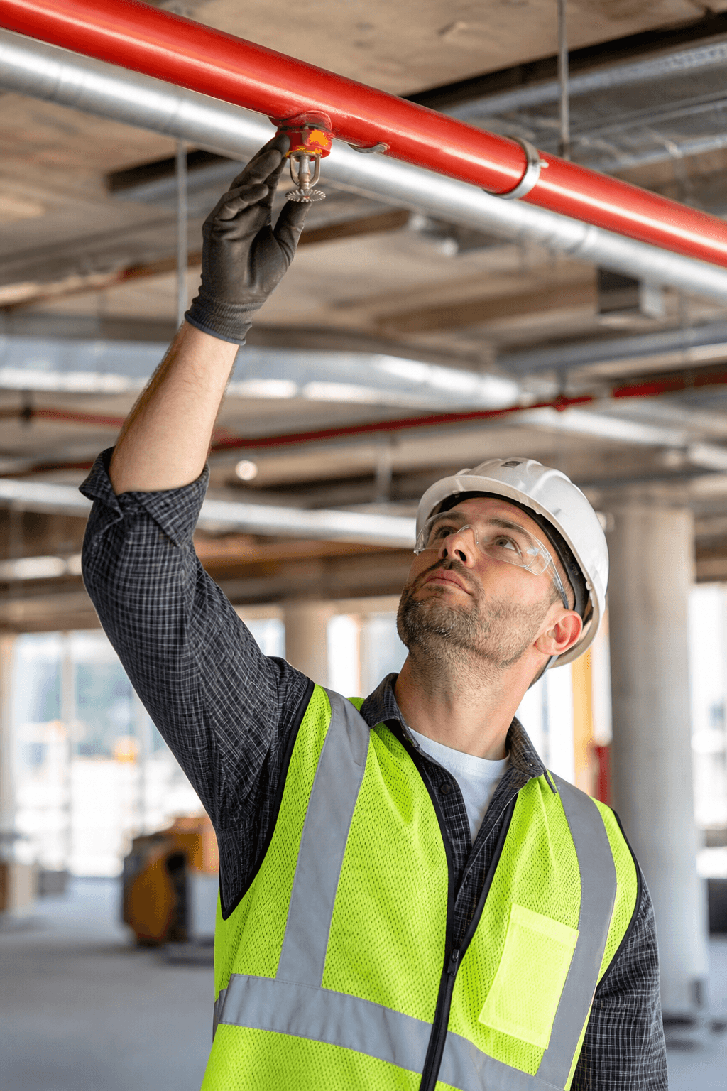 Installer inspecting an overhead fire sprinkler line