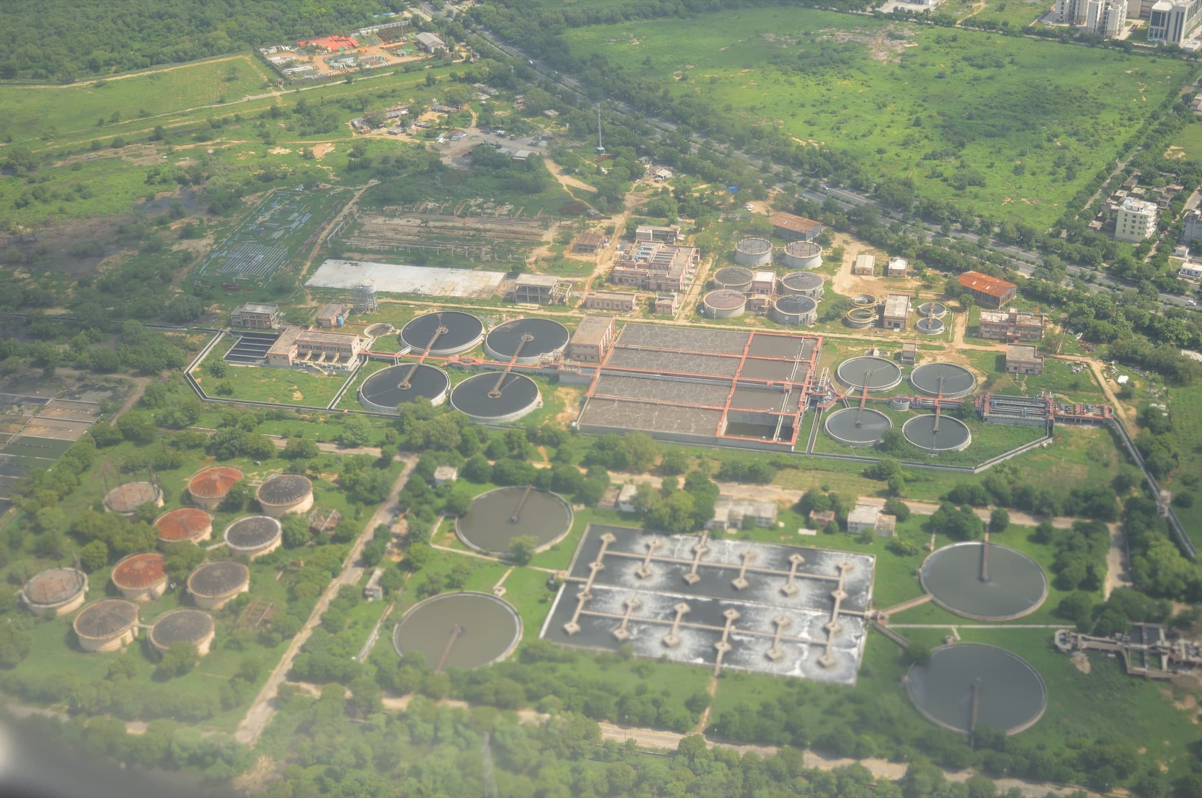 Aerial view of a modern water treatment campus